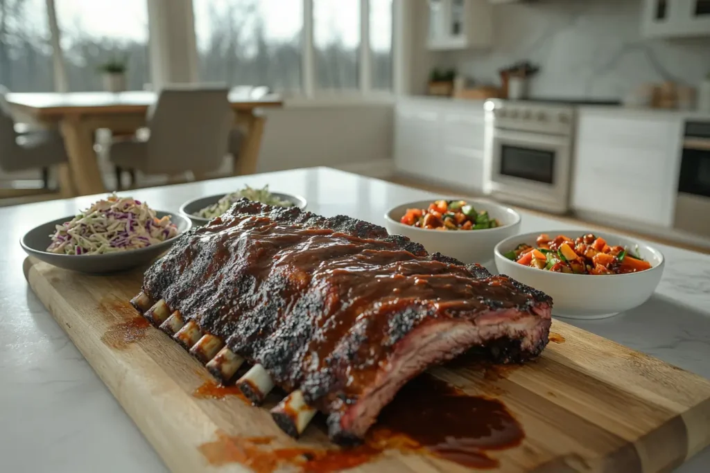 A wide-angle view of a kitchen with tender beef back ribs as the centerpiece on a wooden serving board, surrounded by sides.