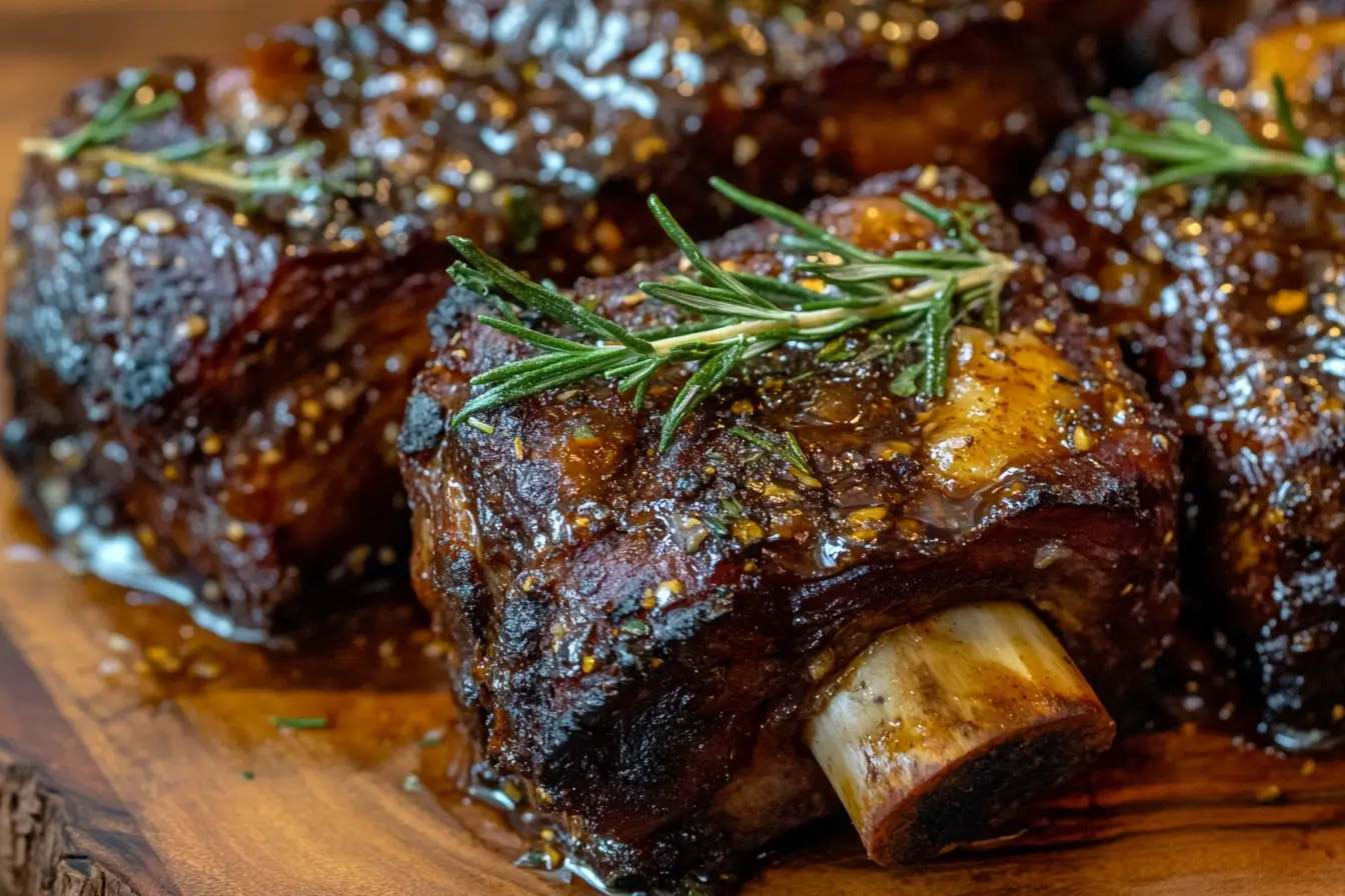 Close-up of caramelized, juicy beef back ribs garnished with rosemary on a rustic wooden plate.