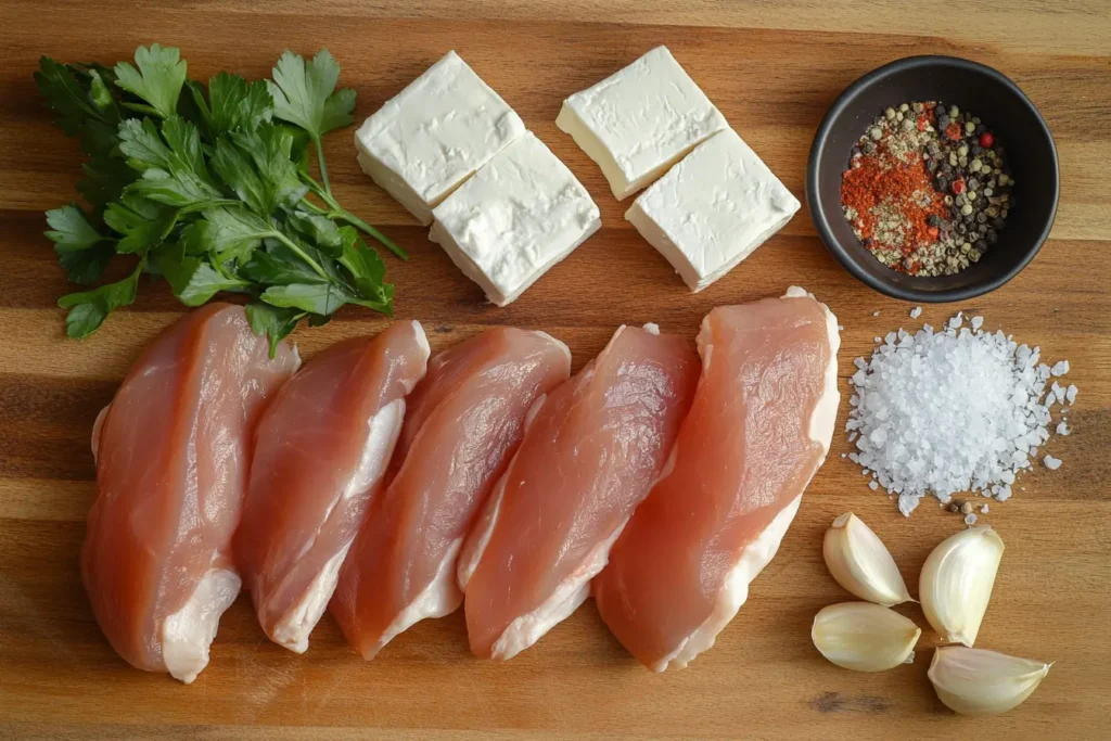 Ingredients for chicken cream cheese on a wooden cutting board, including raw chicken, cream cheese, garlic, and parsley.