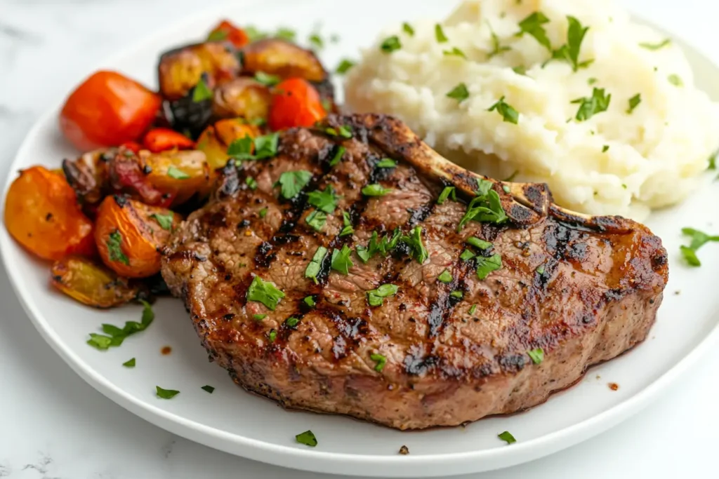 A perfectly grilled Chipotle Steak plated with roasted vegetables and mashed potatoes, showcased on a white marble kitchen island under natural light