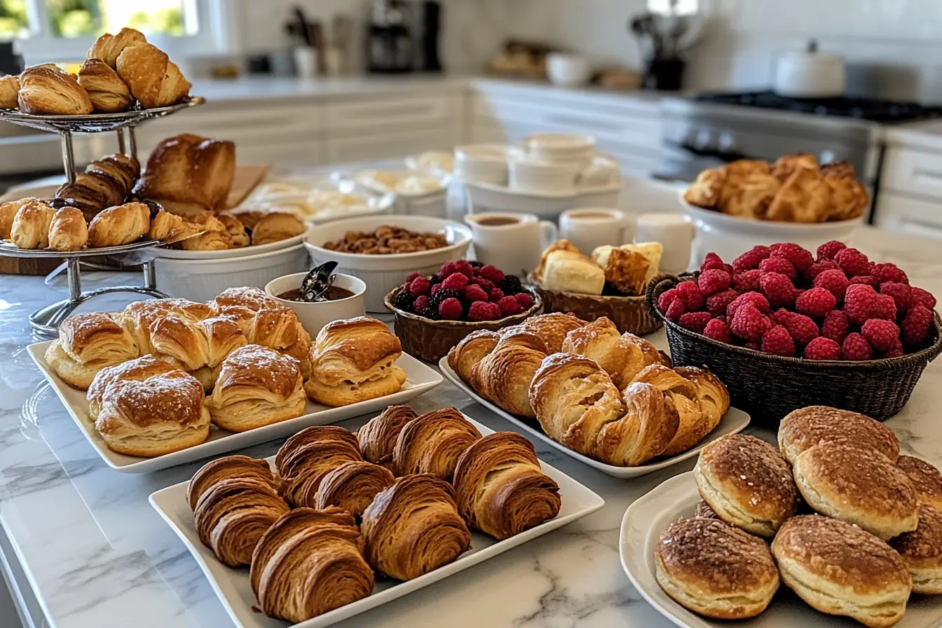 A continental breakfast spread featuring croissants, fresh fruit, yogurt, orange juice, and a cup of coffee on a neatly set table