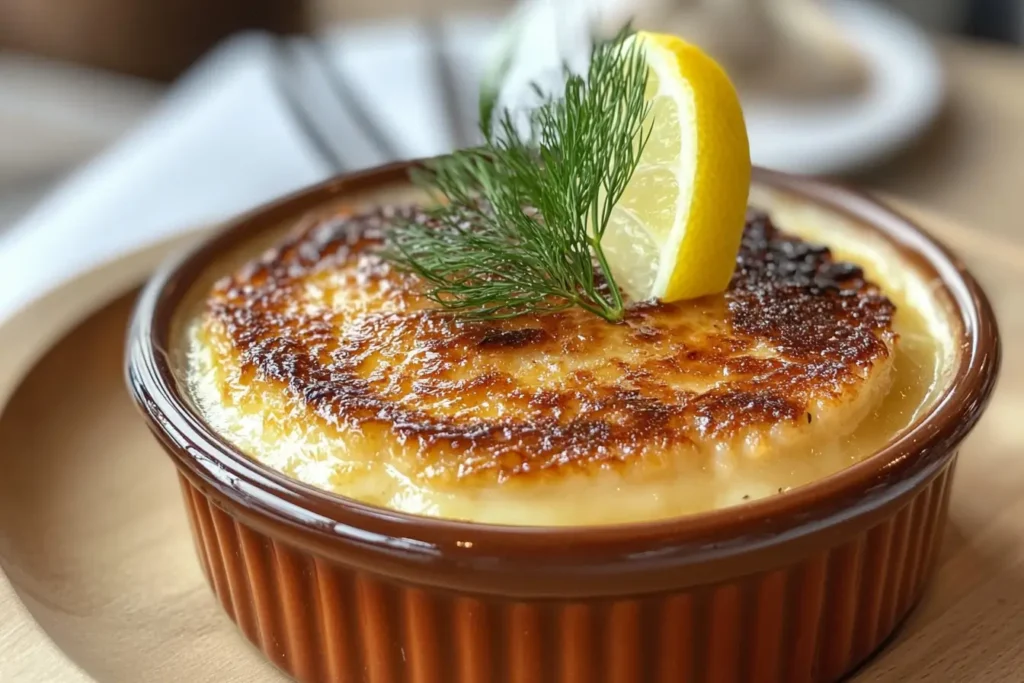 Close-up of a golden caramelized crab brûlée garnished with dill and a slice of lemon in a ceramic ramekin.