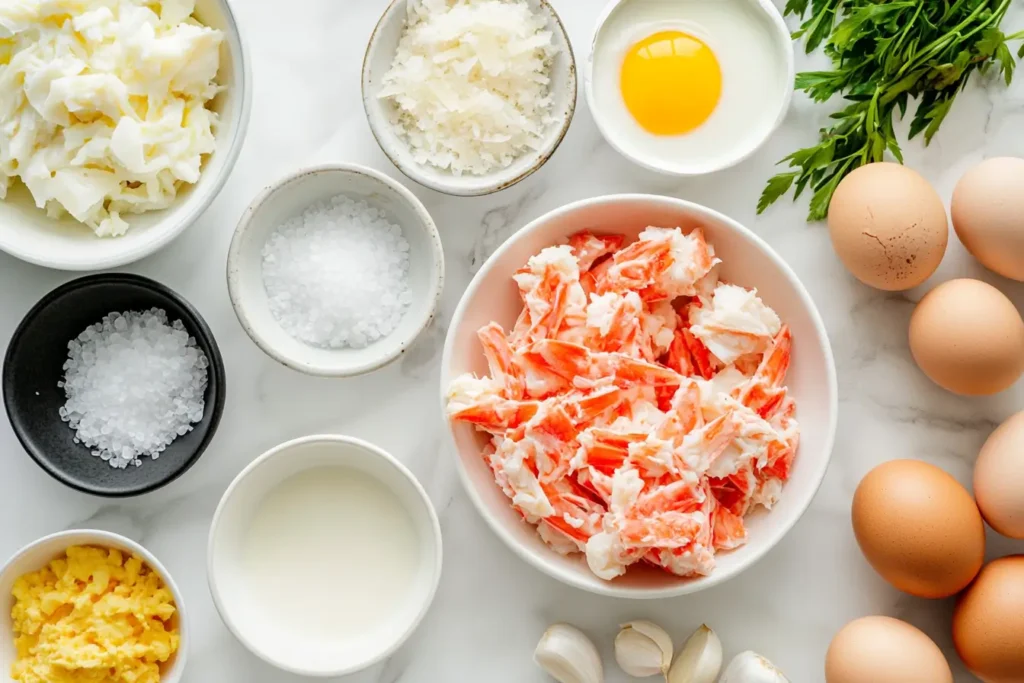 A flat lay of fresh crab meat and ingredients like heavy cream, egg yolks, garlic, parmesan, sea salt, and pepper on a white marble countertop.