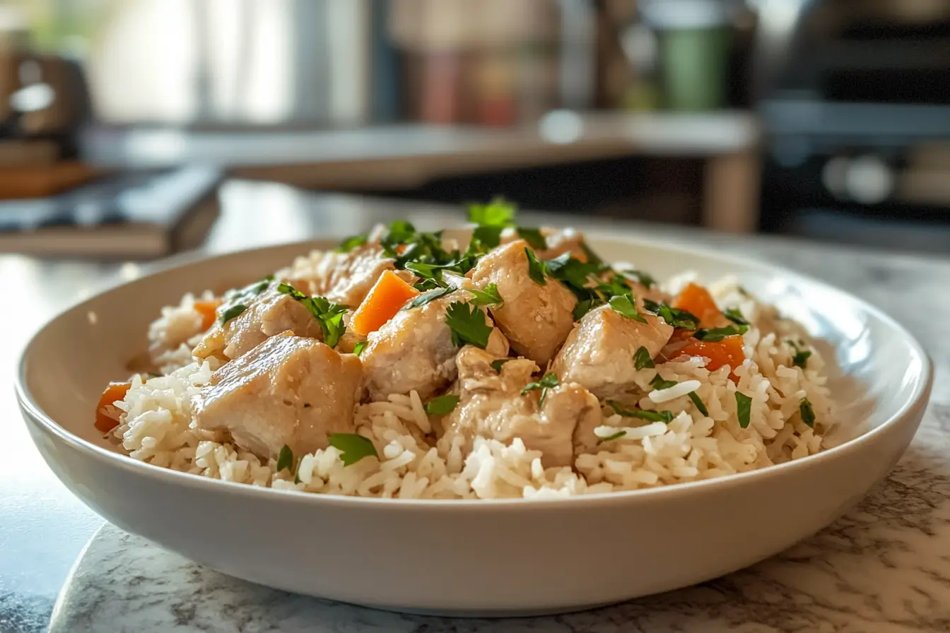 A plate of creamy chicken and rice garnished with fresh parsley, served in a comforting, one-pot style