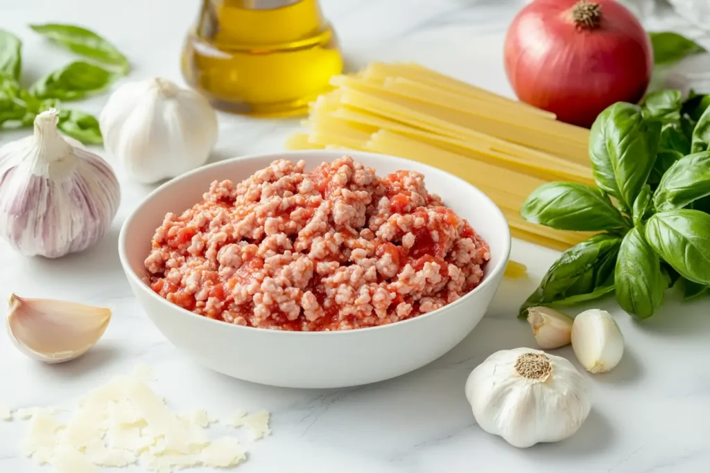 Ingredients for ground turkey pasta including raw turkey, pasta, tomato sauce, garlic, onion, basil, and parmesan on a white marble countertop