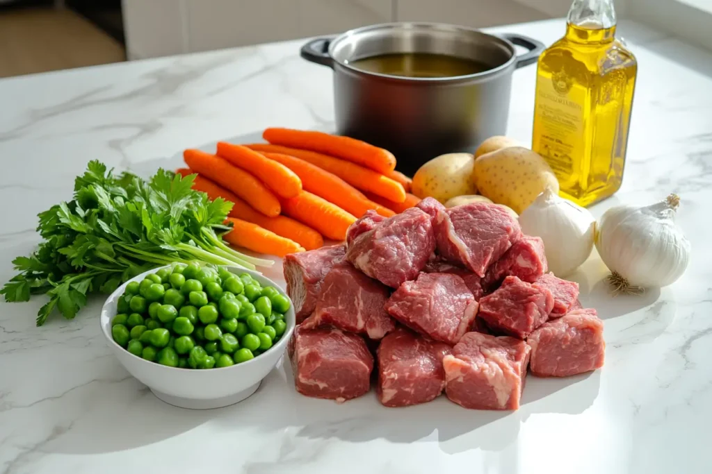 Ingredients for vegetable beef soup including raw beef, carrots, celery, potatoes, peas, onions, parsley, and beef stock on a marble countertop