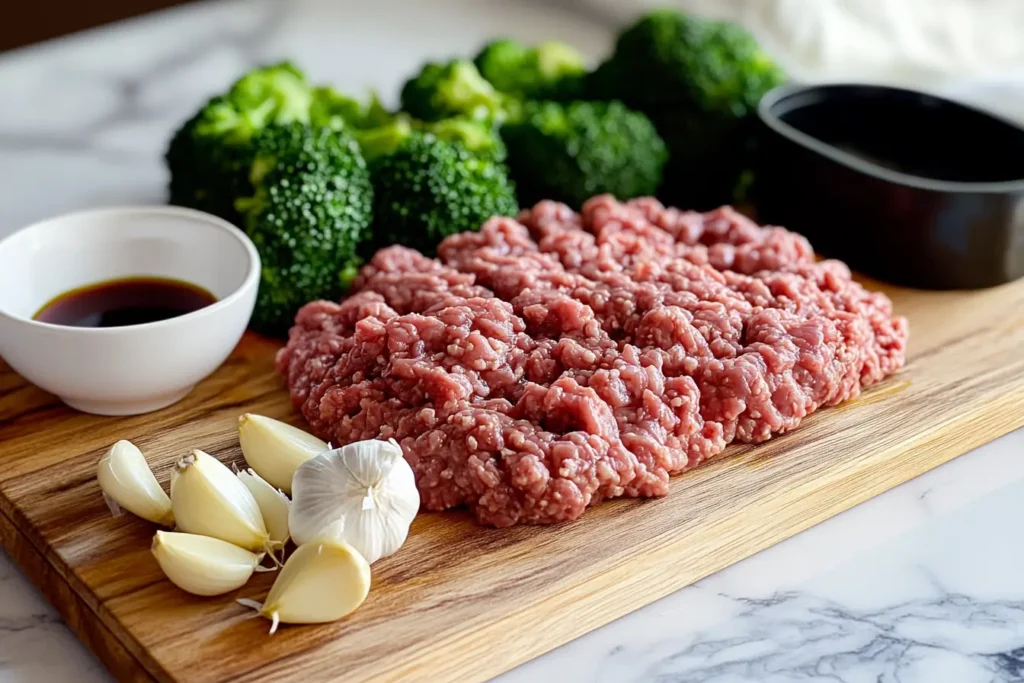 Close-up of ground beef, fresh broccoli, soy sauce, garlic, and sesame oil on a white marble countertop