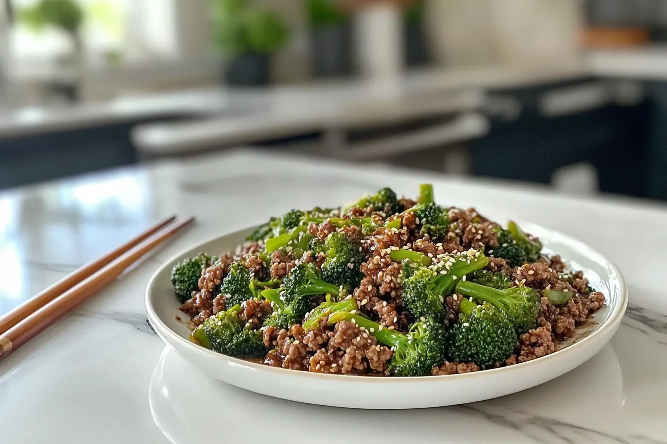 Final plated Ground Beef Broccoli dish with tender beef, glossy sauce, and broccoli florets