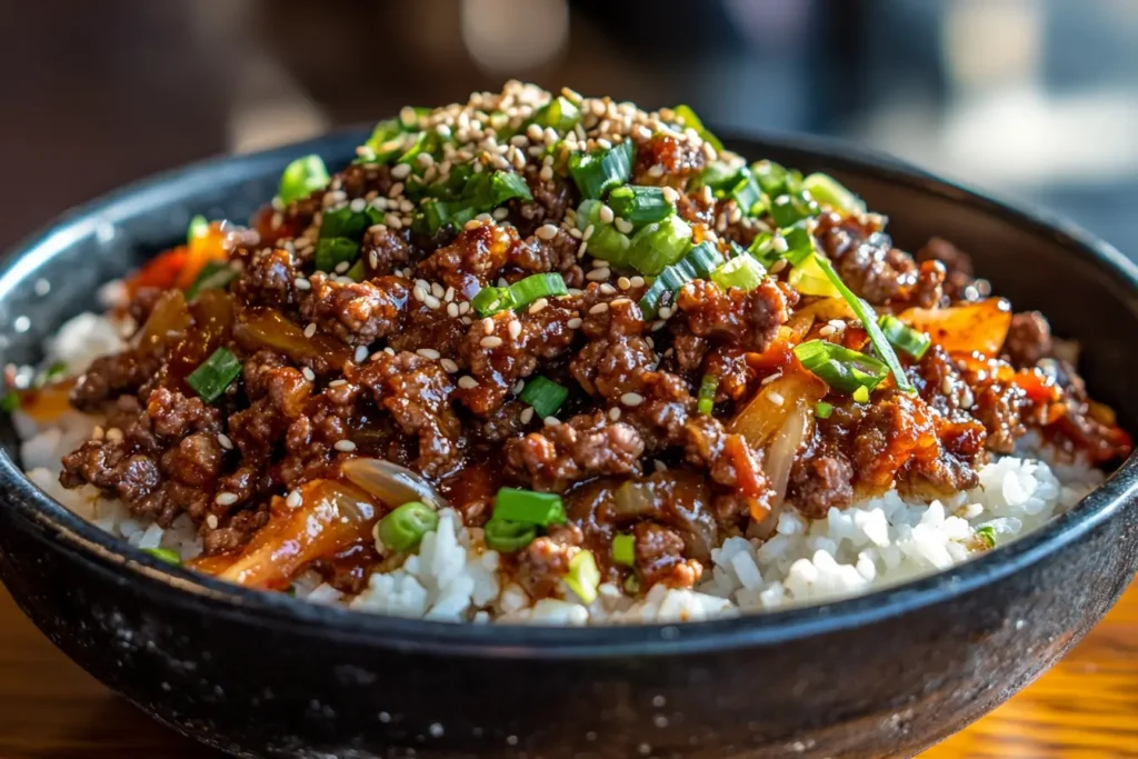 Close-up of Ground Beef Bulgogi served over white rice, garnished with sesame seeds and green onions