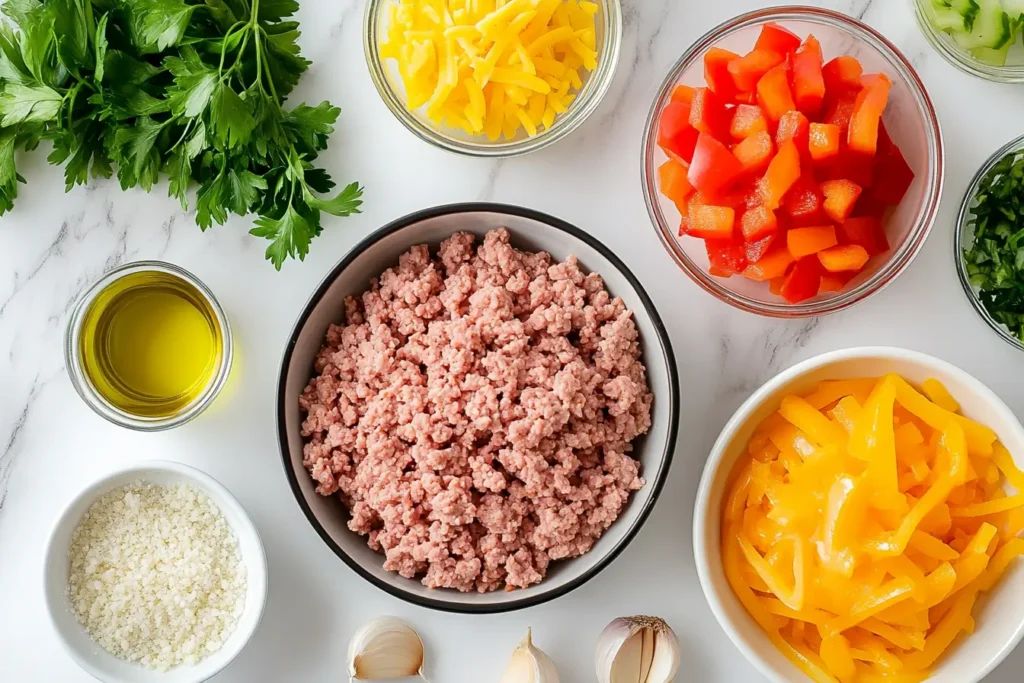 A flat lay of ground turkey casserole ingredients, including raw ground turkey, bell peppers, cheese, breadcrumbs, and fresh parsley on a marble countertop.