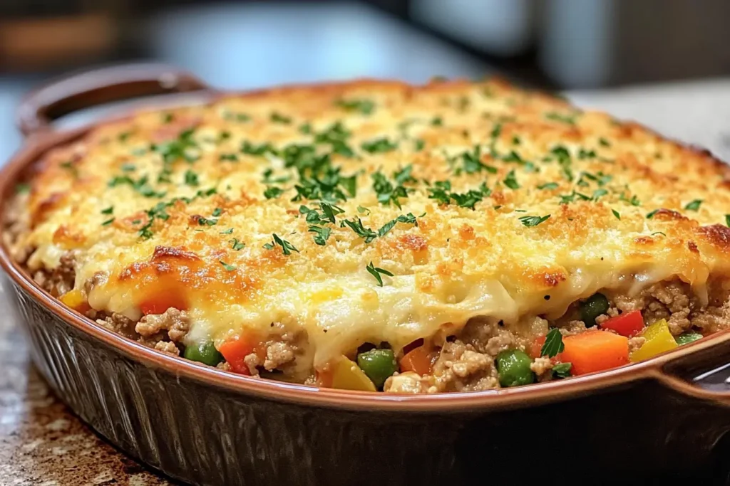 Close-up of a golden-baked ground turkey casserole garnished with parsley in a ceramic dish.