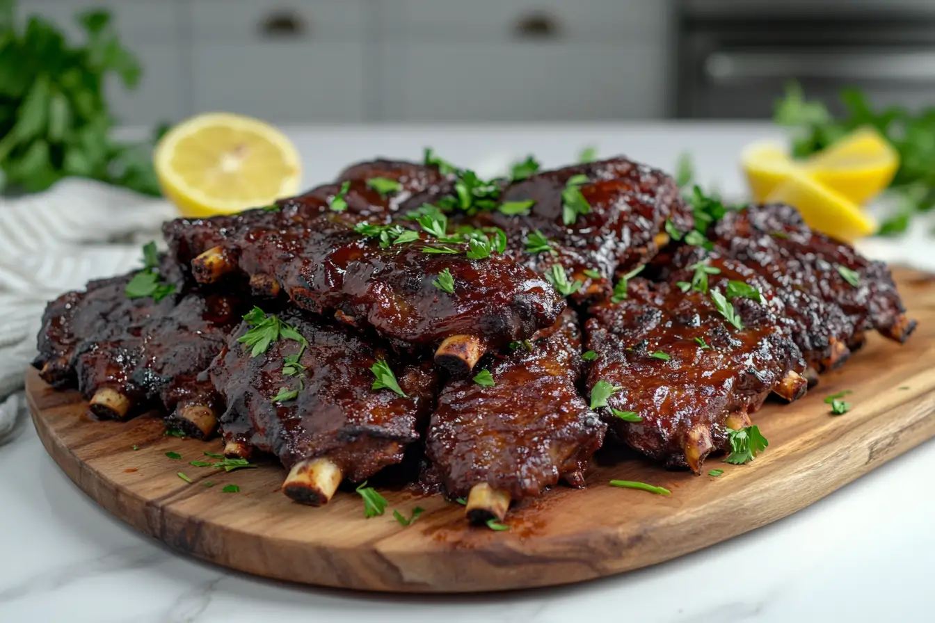 Perfectly glazed boneless beef ribs on a wooden platter, garnished with parsley and lemon, captured in soft natural light