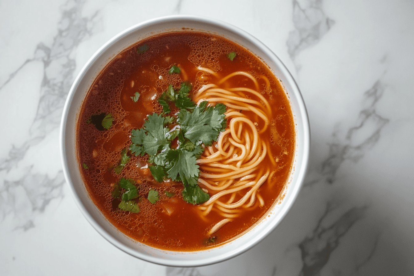 A vibrant bowl of Mexican fideo soup garnished with fresh cilantro, served with lime wedges and a side of tortillas on a rustic wooden table.