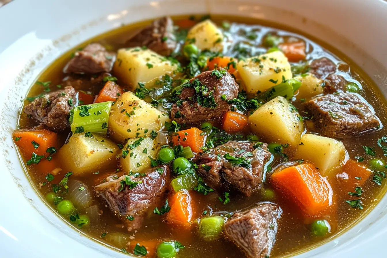 Close-up of vegetable beef soup in a white ceramic bowl with chunks of beef and colorful vegetables in rich broth