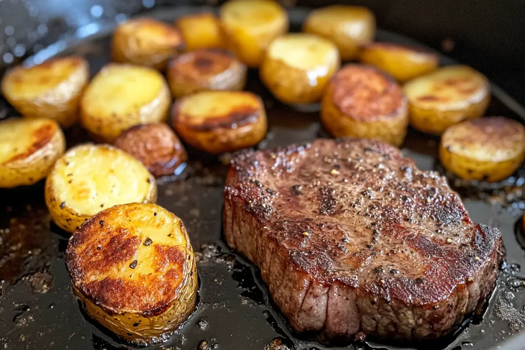 Close-up of a perfectly seared steak served with crispy roasted potatoes on a white plate.