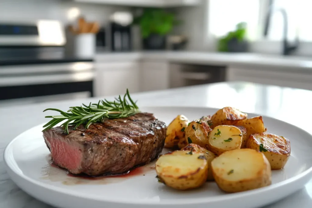 Wide-angle shot of Steak and Potatoes served on a marble kitchen island, with a modern kitchen in the background