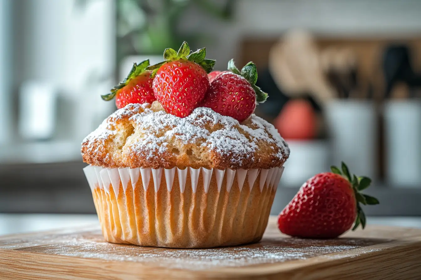 Freshly baked strawberry muffins with golden tops, garnished with fresh strawberries and powdered sugar on a rustic wooden table