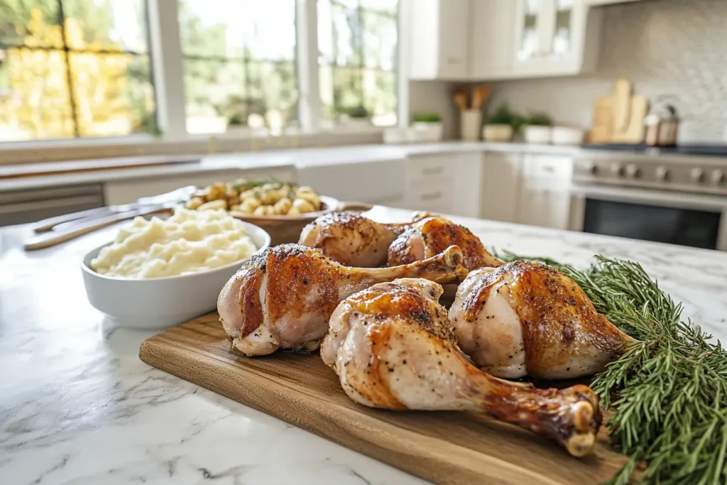 A wide-angle view of a kitchen with golden-brown turkey drumsticks on a wooden serving board, accompanied by sides like mashed potatoes and gravy.