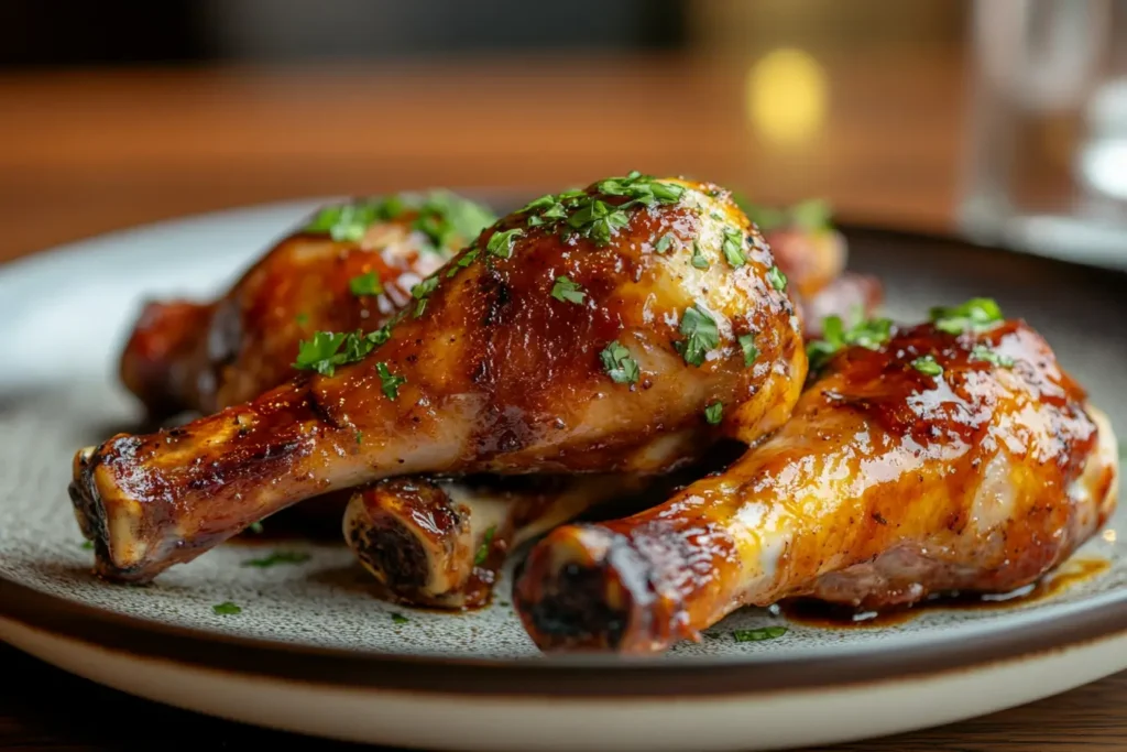 Close-up of golden-brown turkey drumsticks garnished with fresh herbs on a ceramic plate.