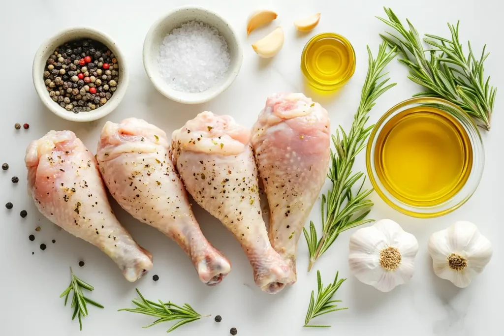 A flat lay of fresh turkey drumsticks and key ingredients, including garlic, rosemary, olive oil, sea salt, and ground pepper.