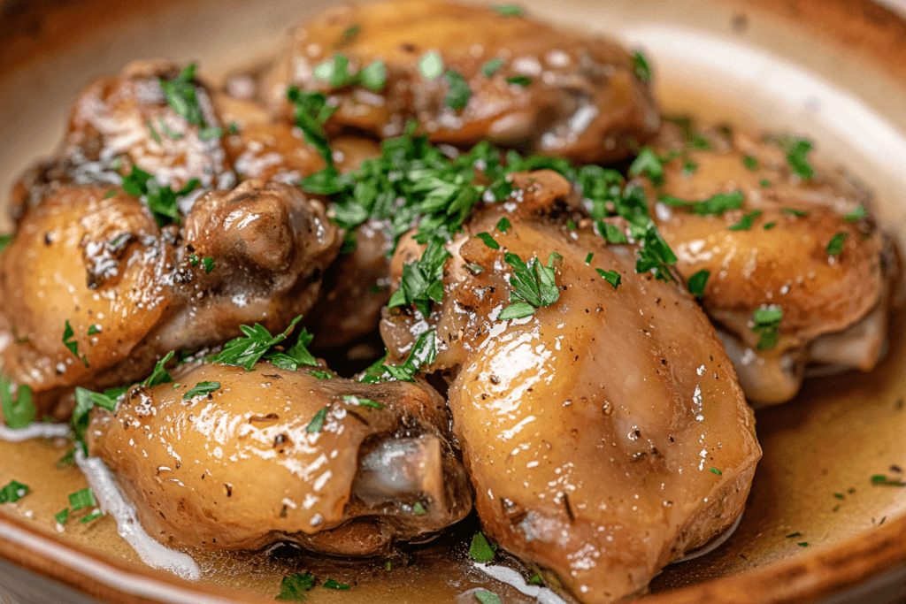 Close-up of golden-brown smothered turkey wings covered in savory gravy and garnished with parsley.