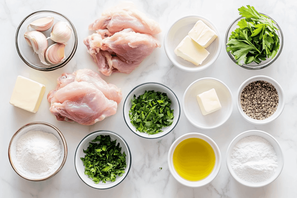 A flat lay of ingredients for smothered turkey wings, including raw turkey wings, onions, garlic, broth, and seasonings, on a marble countertop.