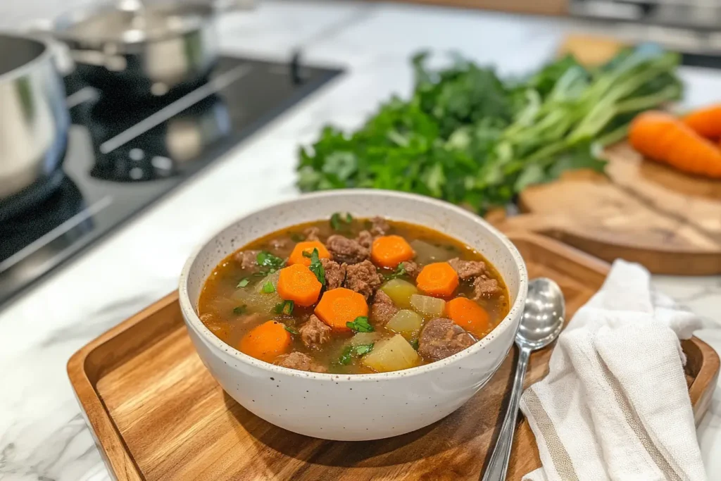 Vegetable beef soup served on a wooden tray in a cozy kitchen setting with a white marble island and soup pot in the background