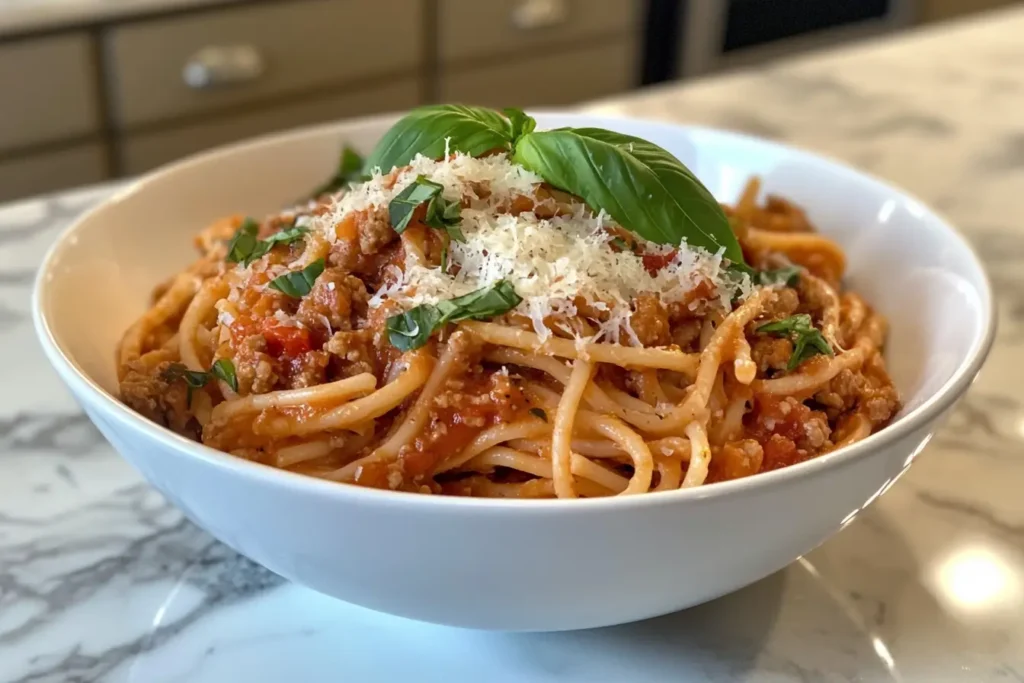 Ground turkey pasta in a white bowl, garnished with fresh basil and parmesan, placed on a white marble kitchen surface