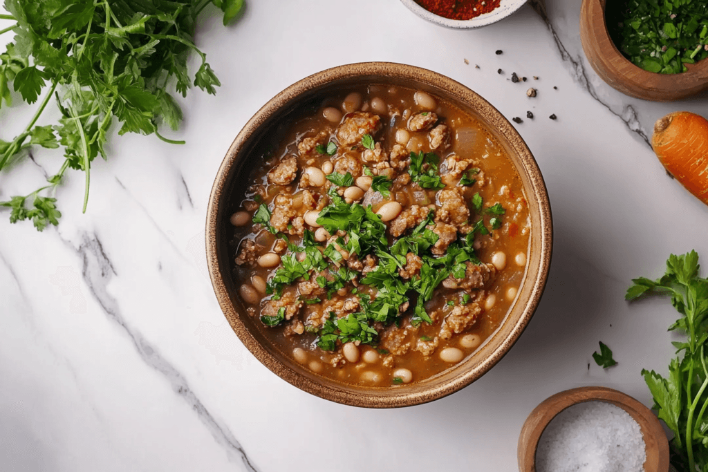 A hearty bowl of white bean and sausage soup garnished with fresh herbs, served in a rustic ceramic bowl. The bowl sits on a pristine white marble kitchen island, captured from an overhead perspective in natural light, emphasizing its rich textures.