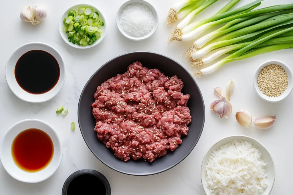 Flat lay of Ground Beef Bulgogi ingredients including ground beef, soy sauce, sesame oil, garlic, green onions, sugar, ginger, sesame seeds, and white rice on a white marble kitchen island