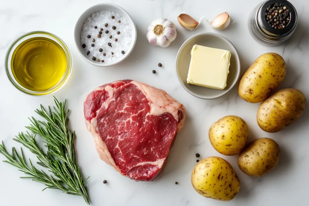 Flat lay of Steak and Potatoes ingredients including a raw steak, potatoes, garlic, rosemary, and butter on a white marble kitchen island