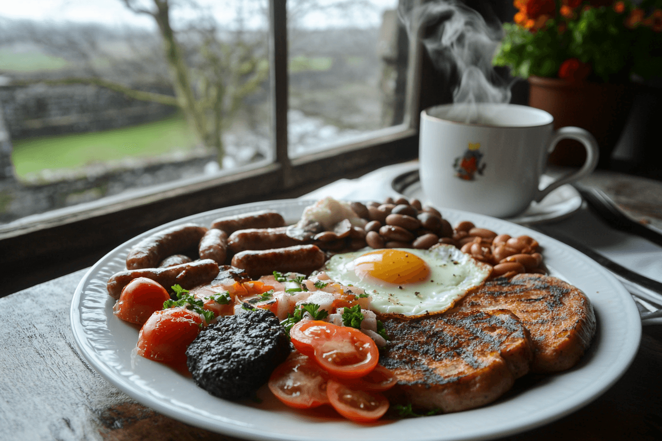 Traditional Irish breakfast with eggs, bacon, sausages, puddings, tomatoes, mushrooms, beans, and soda bread served with Irish tea.