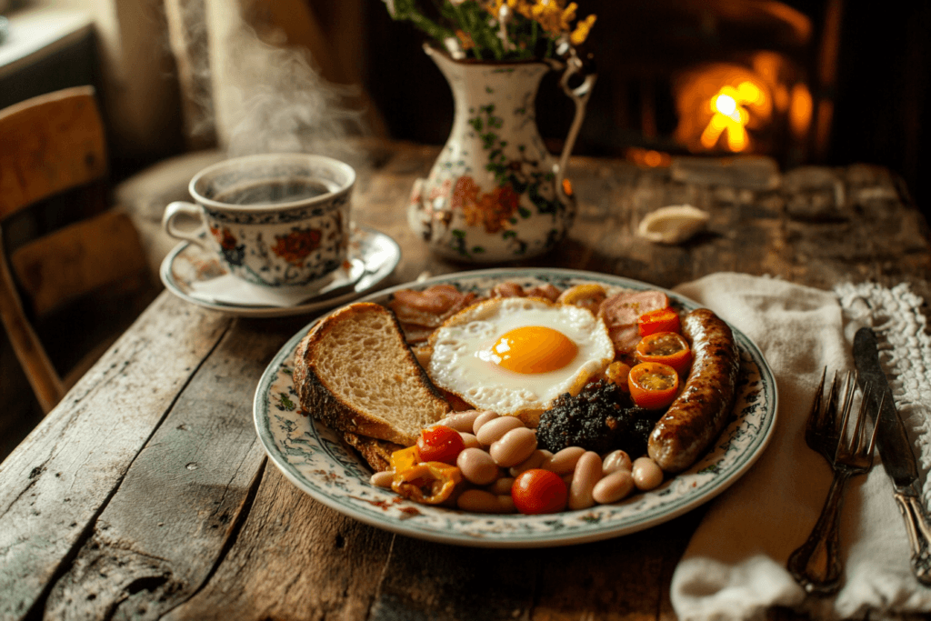 Traditional Irish breakfast with eggs, bacon, sausages, puddings, tomatoes, mushrooms, beans, and soda bread served with Irish tea.