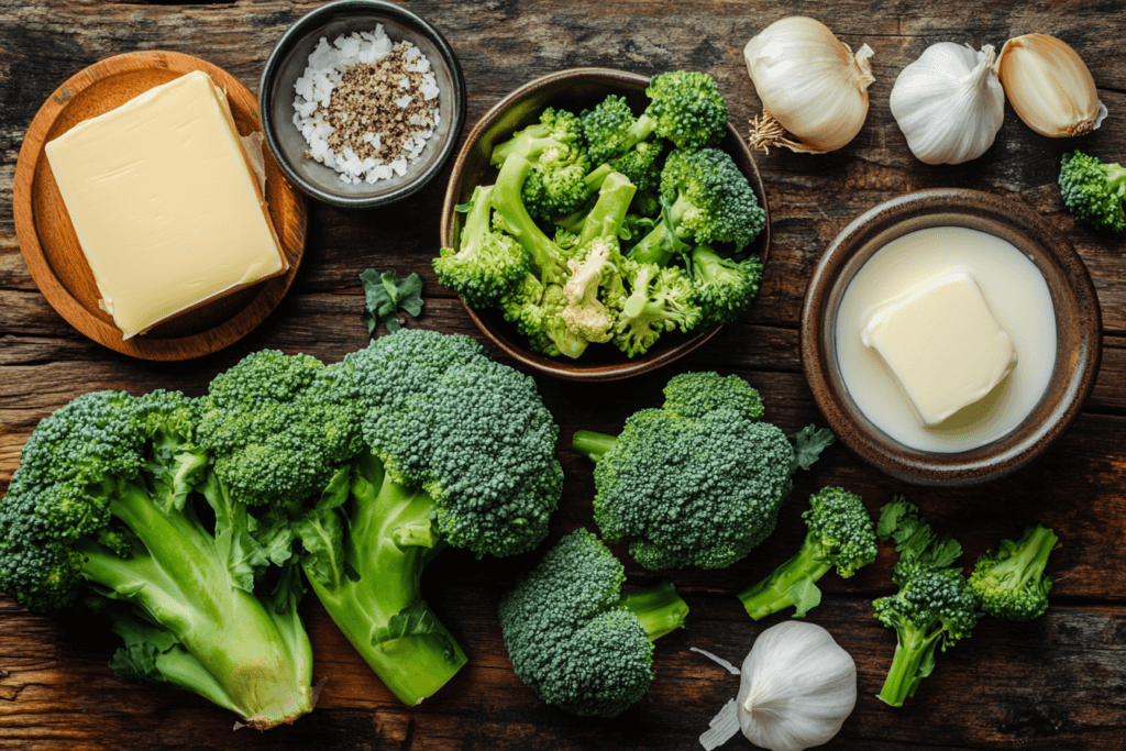 A flat lay of fresh broccoli florets, sharp cheddar cheese wedges, butter, cream, garlic cloves, and onions arranged on a rustic wooden table