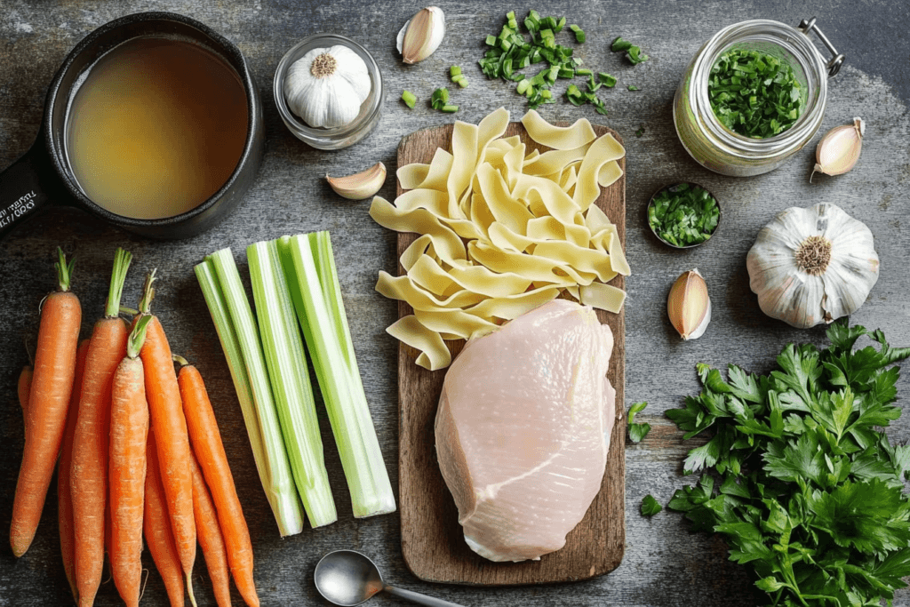 A flat-lay of chicken and noodles recipe ingredients, including raw chicken, egg noodles, carrots, celery, onions, parsley, and chicken broth on a wooden countertop.