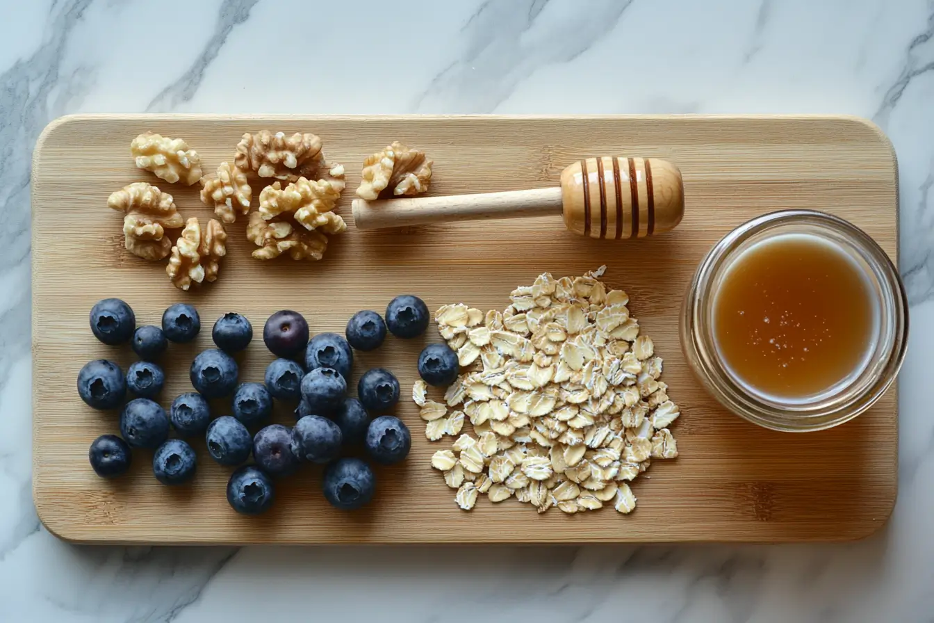 Wooden cutting board with rolled oats, blueberries, walnuts, honey, almond milk, and cinnamon.