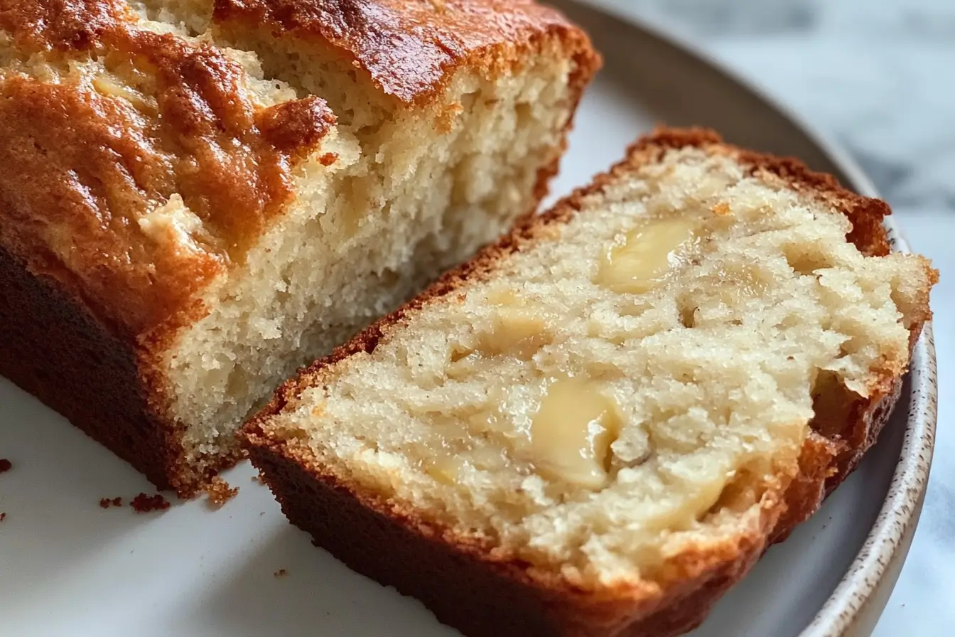 A close-up view of moist and fluffy Cottage Cheese Banana Bread with a golden-brown crust, served on a white plate.