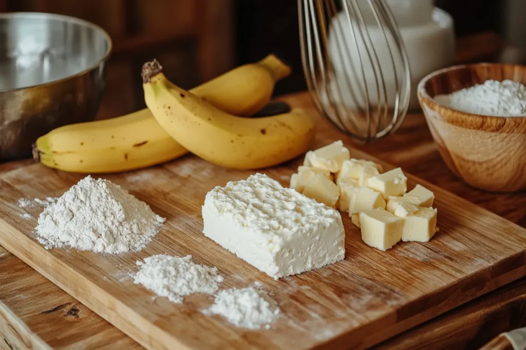  Ingredients for Cottage Cheese Banana Bread neatly arranged on a wooden cutting board, including bananas, cottage cheese, eggs, and more.