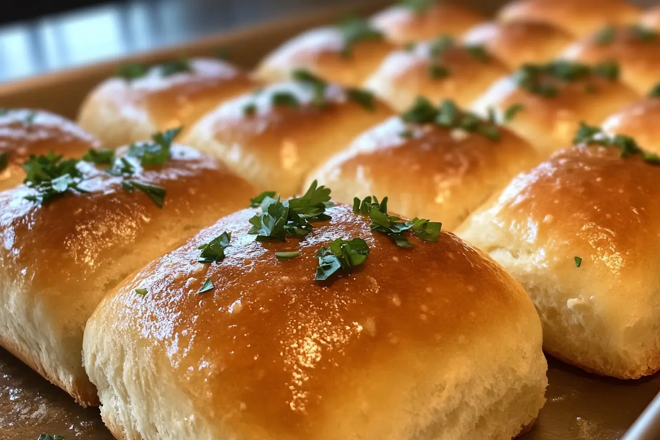 Close-up of golden and fluffy cottage cheese bread rolls, garnished with fresh parsley on a rustic wooden table.