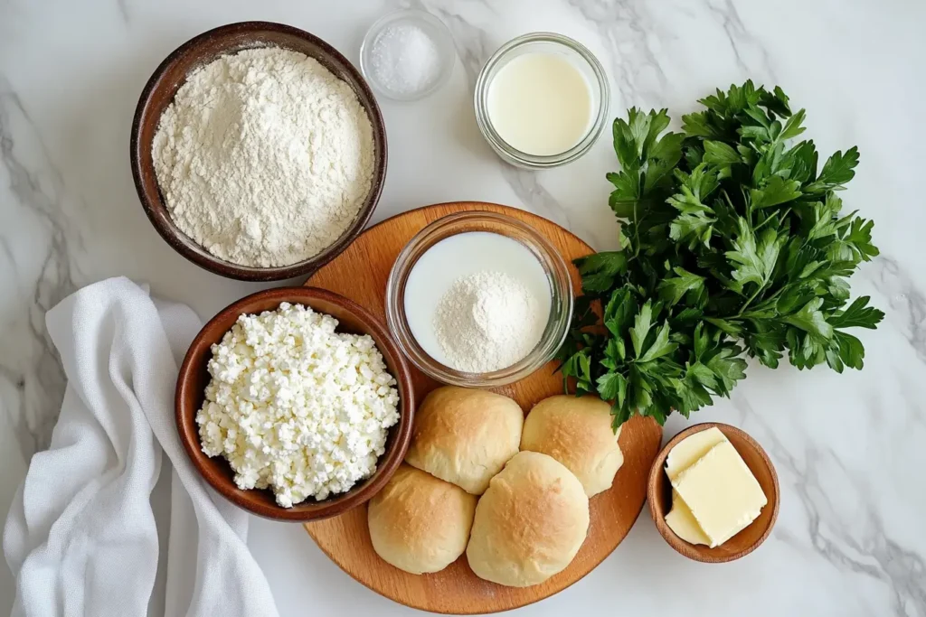 Flat-lay of cottage cheese bread rolls ingredients, including cottage cheese, flour, eggs, butter, milk, salt, and parsley on a wooden cutting board.