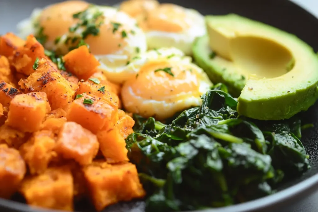 Close-up of a gluten-free breakfast featuring scrambled eggs, sweet potato hash, spinach, and avocado slices on a plate.