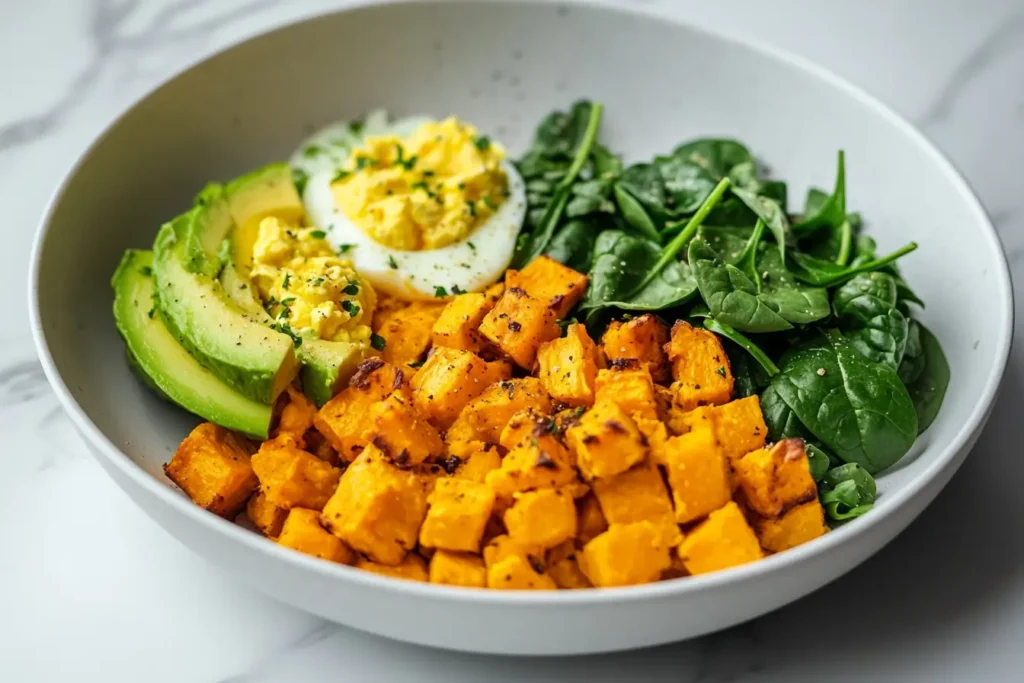 A wide-angle view of a gluten-free breakfast on a white marble countertop in a cozy kitchen.