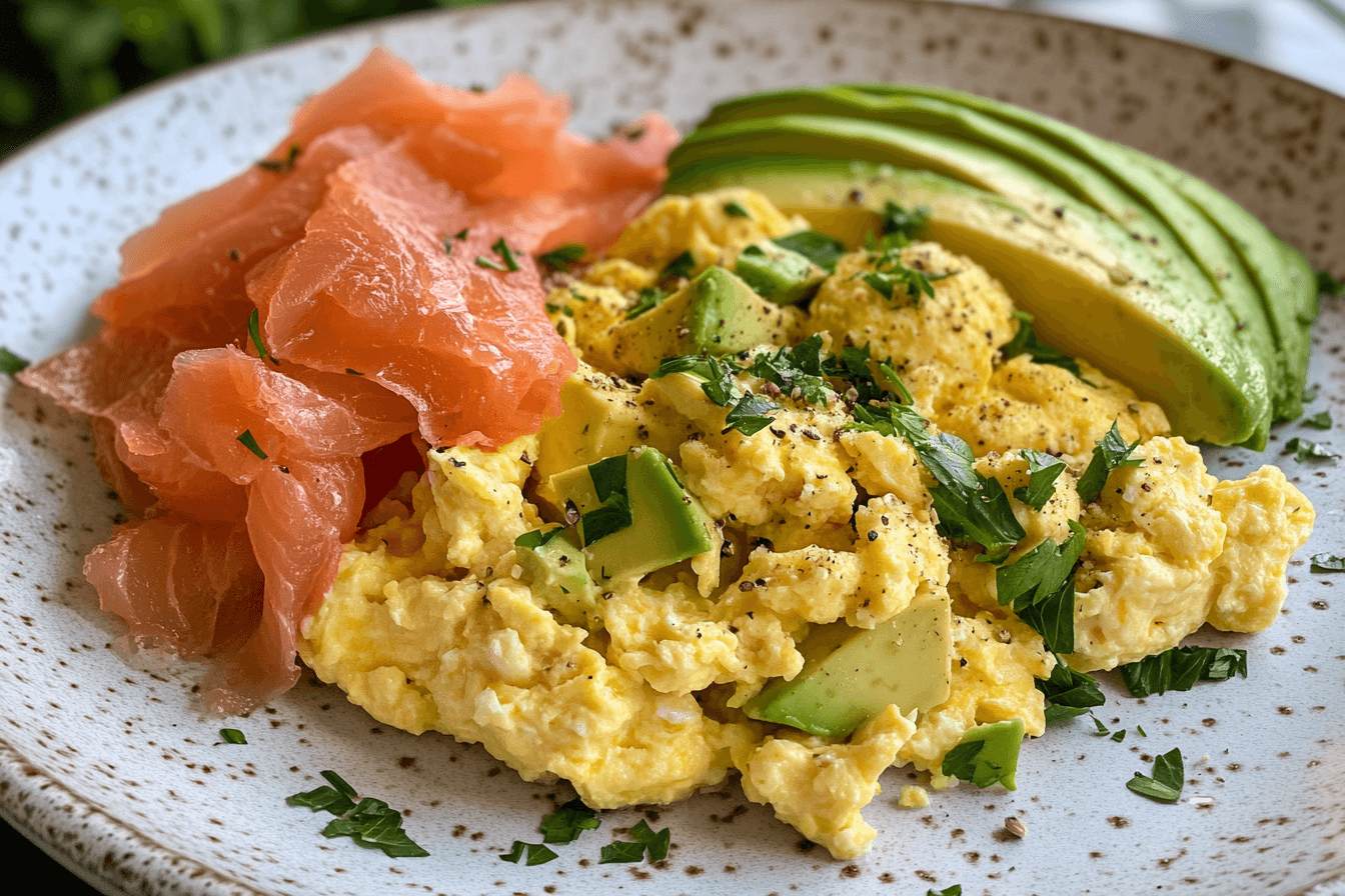 Close-up of a high-protein breakfast with scrambled eggs, avocado slices, and smoked salmon on whole-grain toast