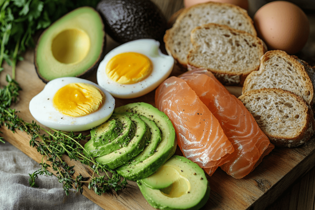 Wooden cutting board with fresh breakfast ingredients: eggs, avocado, smoked salmon, bread, and herbs