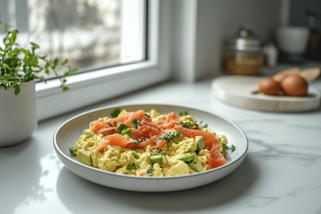 Wide-angle view of a high-protein breakfast in a modern kitchen with natural light and white marble counter