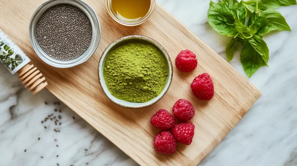 Matcha chia pudding ingredients on a wooden cutting board.