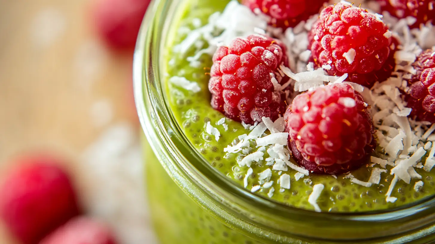 Close-up of matcha chia pudding with raspberries and coconut.