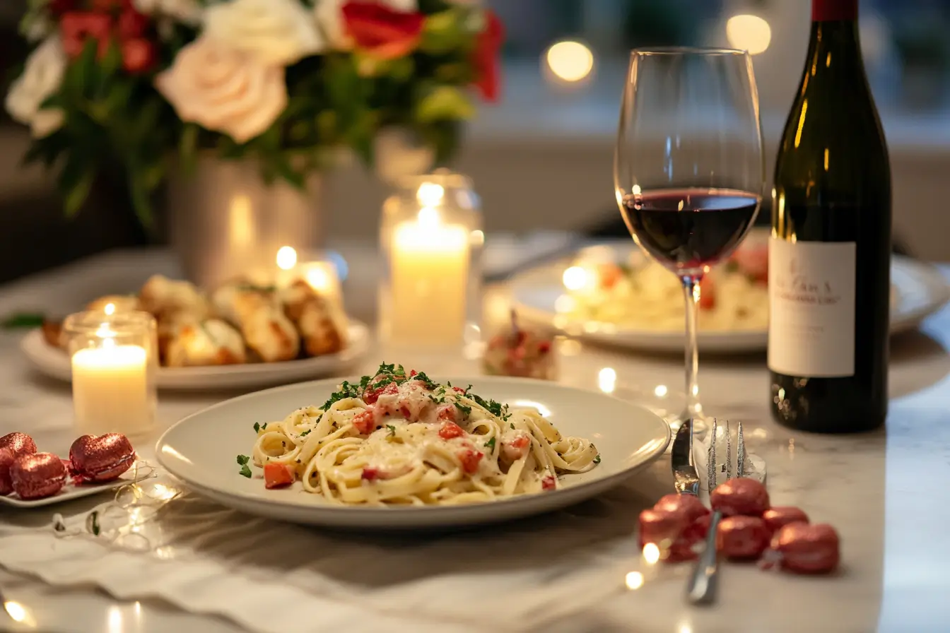 Valentine's Day dinner setup on a romantic table with candles and candies in a home dinner rable