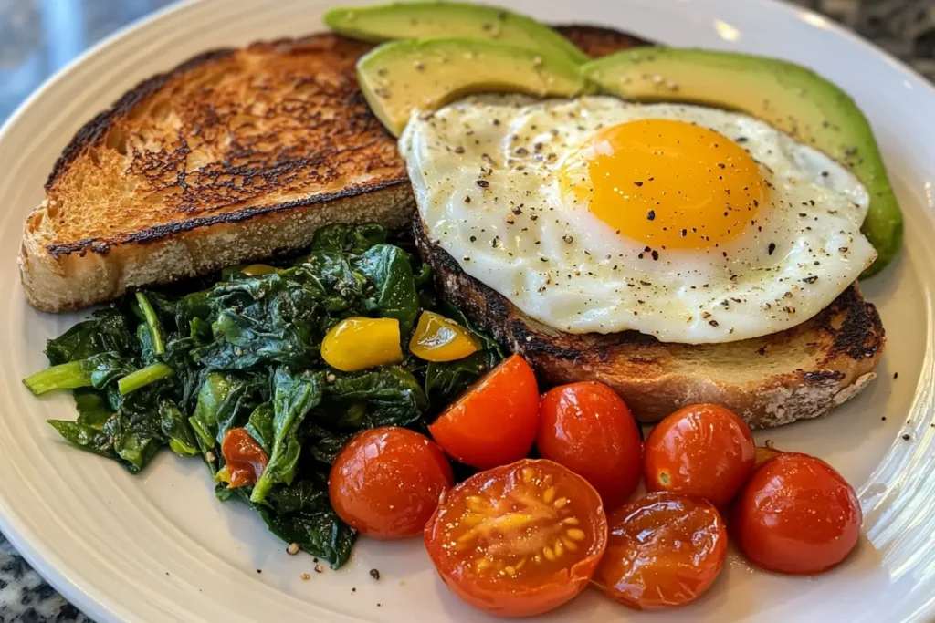 Close-up of a vibrant vegetarian breakfast featuring spinach, roasted cherry tomatoes, sunny-side-up eggs, and avocado toast on a plate.