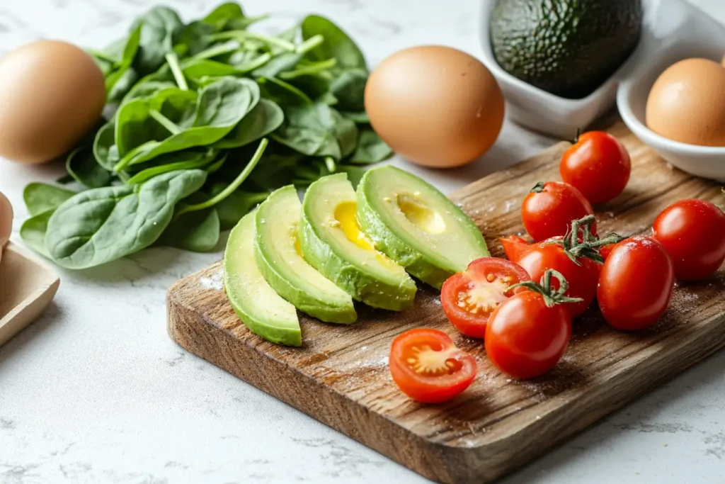 Fresh ingredients for a vegetarian breakfast, including spinach, avocados, eggs, cherry tomatoes, and whole-grain bread on a wooden cutting board.